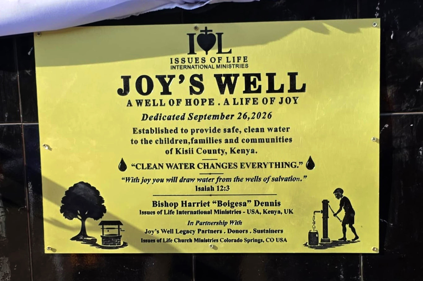 Commemorative plaque of Joy's Well Clean Water Project